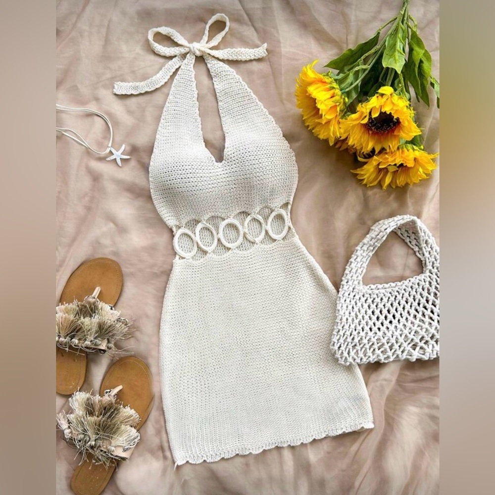 SHEIN White Knit Halter Swim Coverup